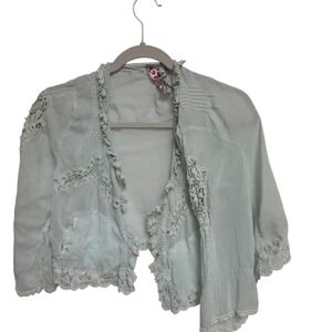Johnny Was Sage Green Silk Lace Trim Cropped Cardigan Jacket XS Bohemian Ruffle